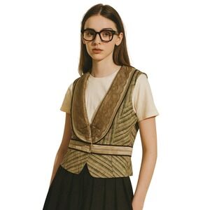 BESTI BELLI Light Academia Green‎ Plaid Lace Trim Cropped Vest Waistcoat